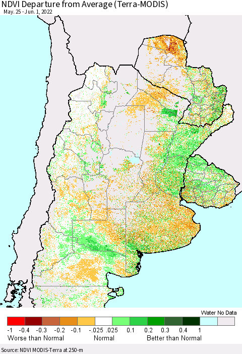 Southern South America NDVI Departure from Average (Terra-MODIS) Thematic Map For 5/25/2022 - 6/1/2022