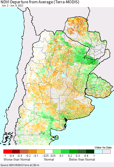 Southern South America NDVI Departure from Average (Terra-MODIS) Thematic Map For 6/2/2022 - 6/9/2022