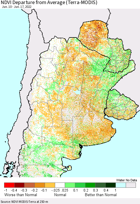 Southern South America NDVI Departure from Average (Terra-MODIS) Thematic Map For 6/10/2022 - 6/17/2022