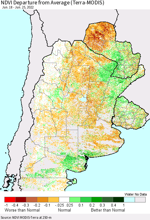 Southern South America NDVI Departure from Average (Terra-MODIS) Thematic Map For 6/18/2022 - 6/25/2022