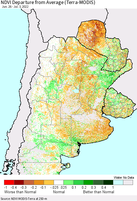 Southern South America NDVI Departure from Average (Terra-MODIS) Thematic Map For 6/26/2022 - 7/3/2022