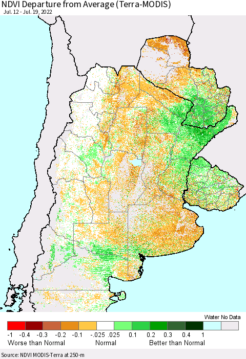 Southern South America NDVI Departure from Average (Terra-MODIS) Thematic Map For 7/12/2022 - 7/19/2022