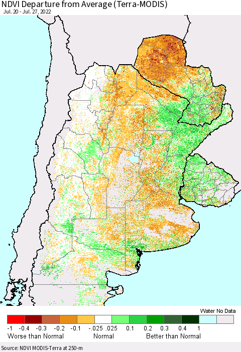 Southern South America NDVI Departure from Average (Terra-MODIS) Thematic Map For 7/20/2022 - 7/27/2022
