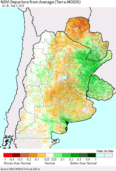 Southern South America NDVI Departure from Average (Terra-MODIS) Thematic Map For 7/28/2022 - 8/4/2022
