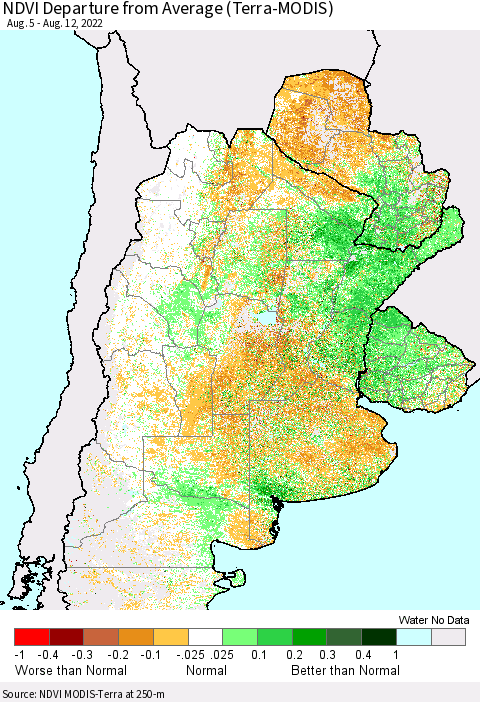 Southern South America NDVI Departure from Average (Terra-MODIS) Thematic Map For 8/5/2022 - 8/12/2022