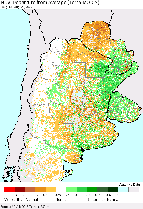 Southern South America NDVI Departure from Average (Terra-MODIS) Thematic Map For 8/13/2022 - 8/20/2022