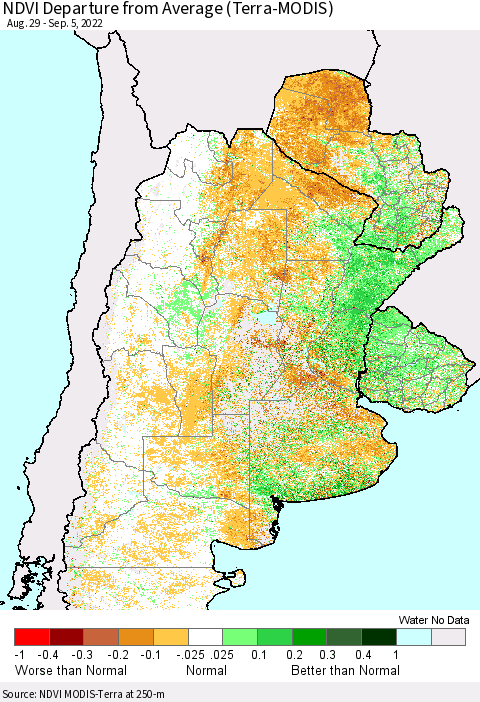 Southern South America NDVI Departure from Average (Terra-MODIS) Thematic Map For 8/29/2022 - 9/5/2022
