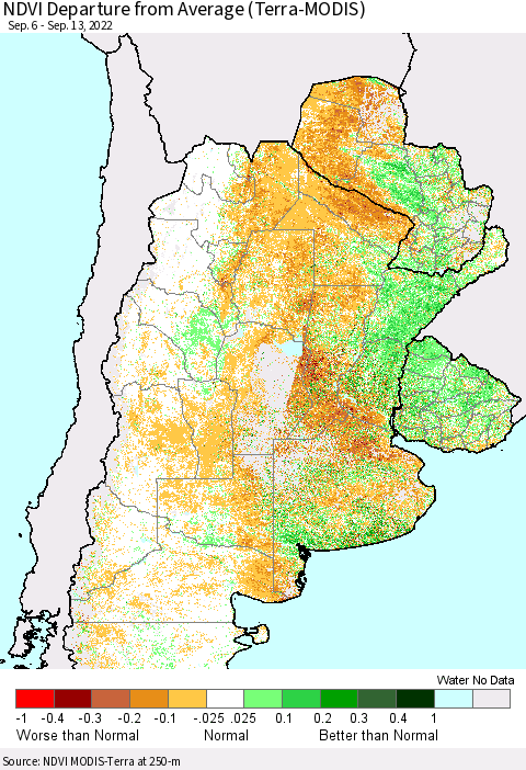 Southern South America NDVI Departure from Average (Terra-MODIS) Thematic Map For 9/6/2022 - 9/13/2022