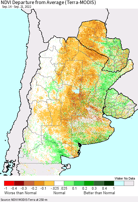 Southern South America NDVI Departure from Average (Terra-MODIS) Thematic Map For 9/14/2022 - 9/21/2022
