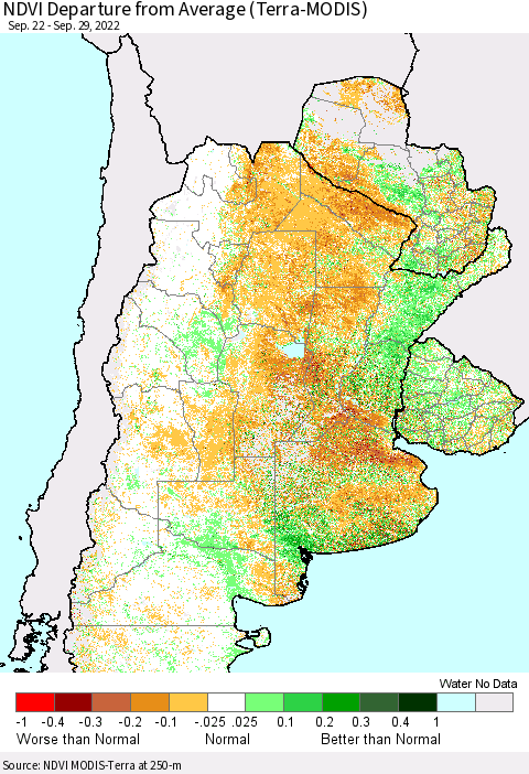 Southern South America NDVI Departure from Average (Terra-MODIS) Thematic Map For 9/22/2022 - 9/29/2022
