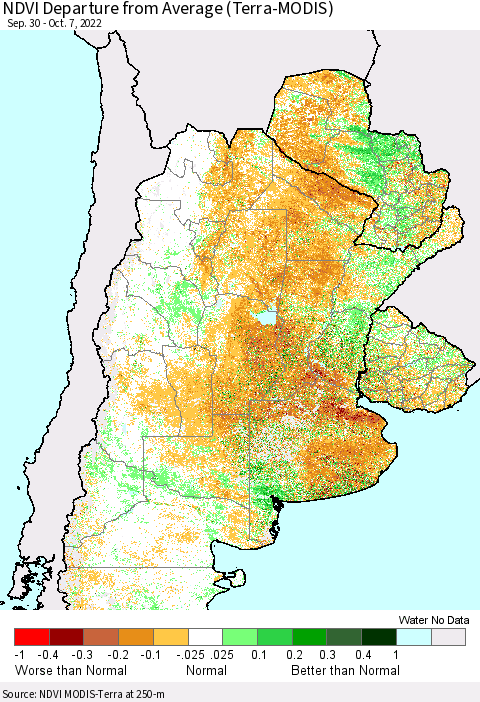 Southern South America NDVI Departure from Average (Terra-MODIS) Thematic Map For 9/30/2022 - 10/7/2022