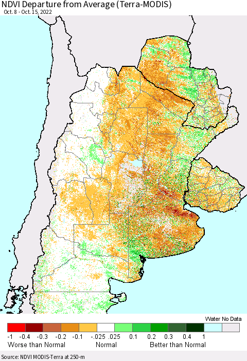 Southern South America NDVI Departure from Average (Terra-MODIS) Thematic Map For 10/8/2022 - 10/15/2022