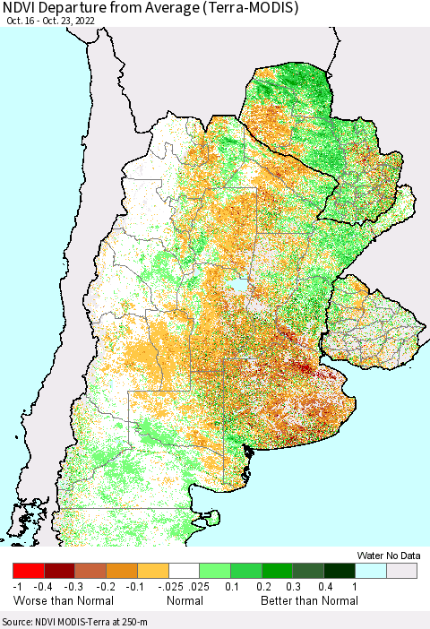 Southern South America NDVI Departure from Average (Terra-MODIS) Thematic Map For 10/16/2022 - 10/23/2022