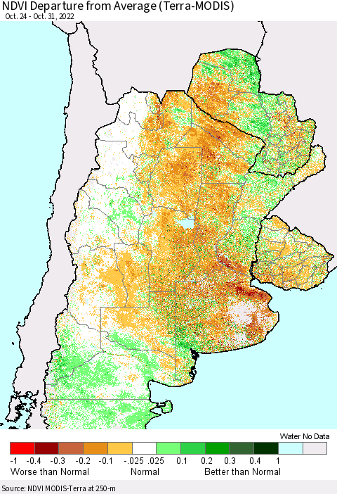 Southern South America NDVI Departure from Average (Terra-MODIS) Thematic Map For 10/24/2022 - 10/31/2022