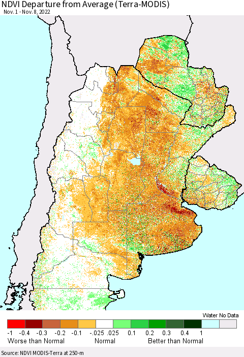 Southern South America NDVI Departure from Average (Terra-MODIS) Thematic Map For 11/1/2022 - 11/8/2022