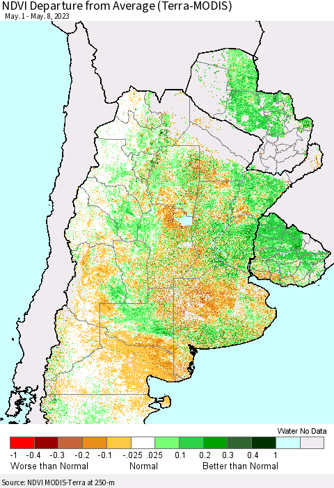 Southern South America NDVI Departure from Average (Terra-MODIS) Thematic Map For 5/1/2023 - 5/8/2023