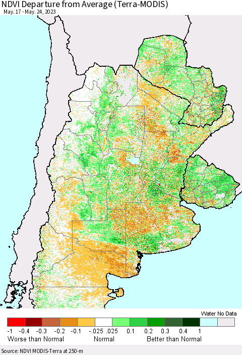 Southern South America NDVI Departure from Average (Terra-MODIS) Thematic Map For 5/17/2023 - 5/24/2023