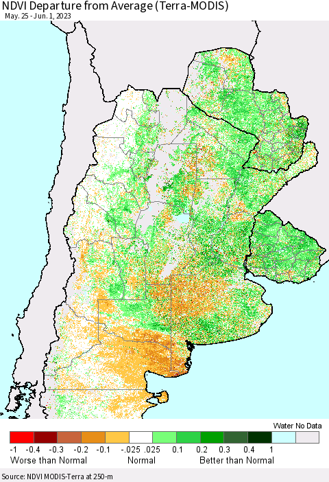 Southern South America NDVI Departure from Average (Terra-MODIS) Thematic Map For 5/25/2023 - 6/1/2023