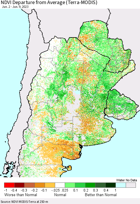 Southern South America NDVI Departure from Average (Terra-MODIS) Thematic Map For 6/2/2023 - 6/9/2023