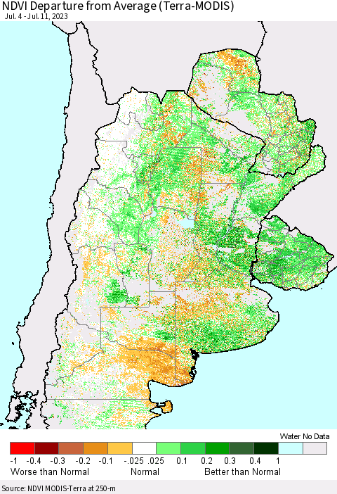 Southern South America NDVI Departure from Average (Terra-MODIS) Thematic Map For 7/4/2023 - 7/11/2023