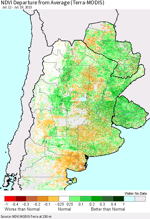 Southern South America NDVI Departure from Average (Terra-MODIS) Thematic Map For 7/12/2023 - 7/19/2023