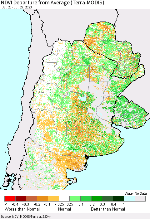 Southern South America NDVI Departure from Average (Terra-MODIS) Thematic Map For 7/20/2023 - 7/27/2023