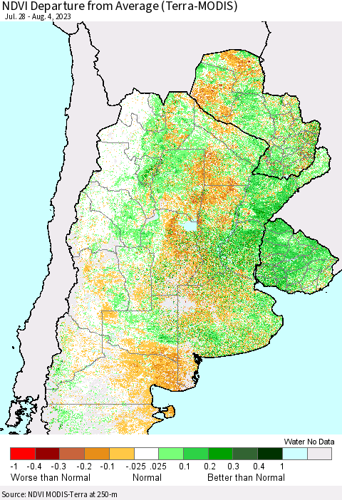 Southern South America NDVI Departure from Average (Terra-MODIS) Thematic Map For 7/28/2023 - 8/4/2023