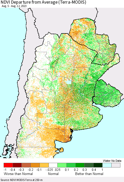 Southern South America NDVI Departure from Average (Terra-MODIS) Thematic Map For 8/5/2023 - 8/12/2023