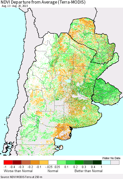 Southern South America NDVI Departure from Average (Terra-MODIS) Thematic Map For 8/13/2023 - 8/20/2023