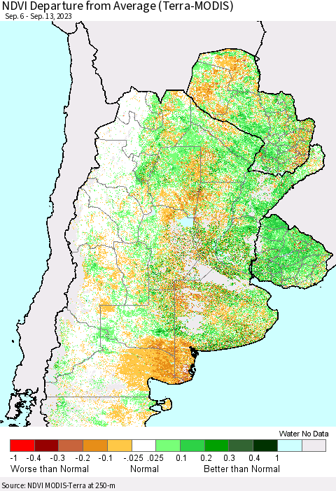 Southern South America NDVI Departure from Average (Terra-MODIS) Thematic Map For 9/6/2023 - 9/13/2023