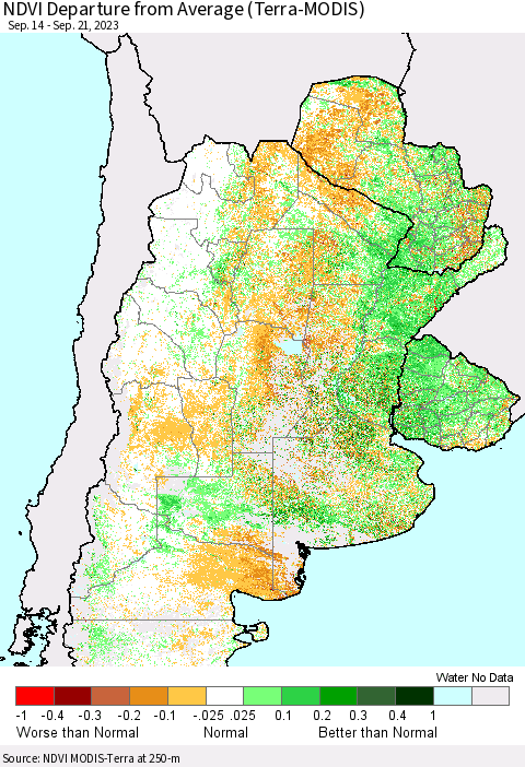 Southern South America NDVI Departure from Average (Terra-MODIS) Thematic Map For 9/14/2023 - 9/21/2023