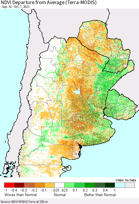 Southern South America NDVI Departure from Average (Terra-MODIS) Thematic Map For 9/30/2023 - 10/7/2023