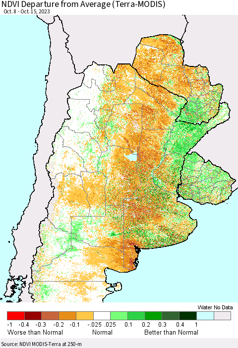 Southern South America NDVI Departure from Average (Terra-MODIS) Thematic Map For 10/8/2023 - 10/15/2023