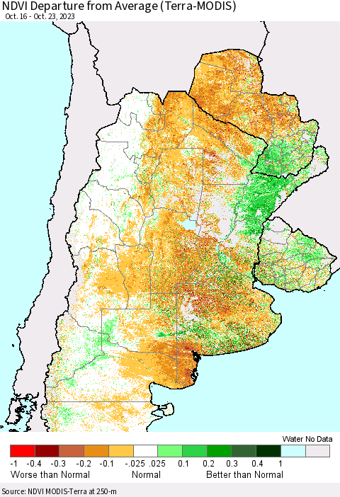 Southern South America NDVI Departure from Average (Terra-MODIS) Thematic Map For 10/16/2023 - 10/23/2023