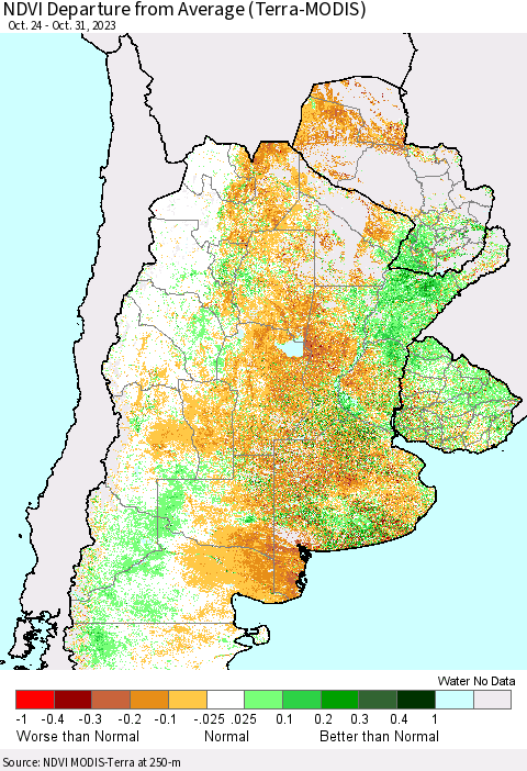 Southern South America NDVI Departure from Average (Terra-MODIS) Thematic Map For 10/24/2023 - 10/31/2023