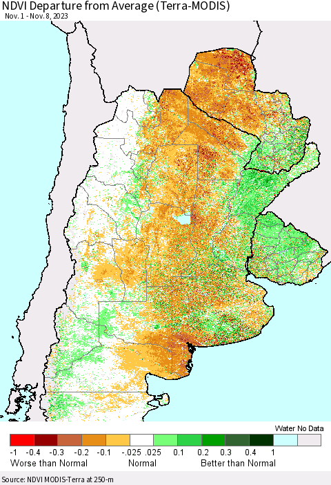 Southern South America NDVI Departure from Average (Terra-MODIS) Thematic Map For 11/1/2023 - 11/8/2023