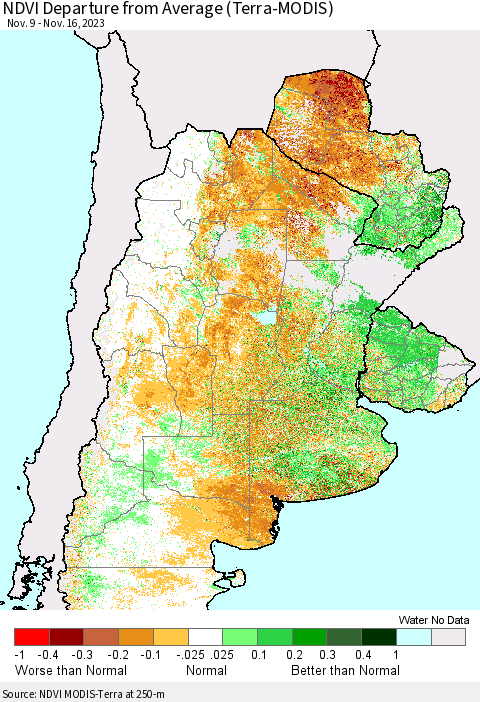 Southern South America NDVI Departure from Average (Terra-MODIS) Thematic Map For 11/9/2023 - 11/16/2023