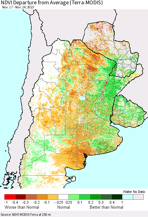 Southern South America NDVI Departure from Average (Terra-MODIS) Thematic Map For 11/17/2023 - 11/24/2023