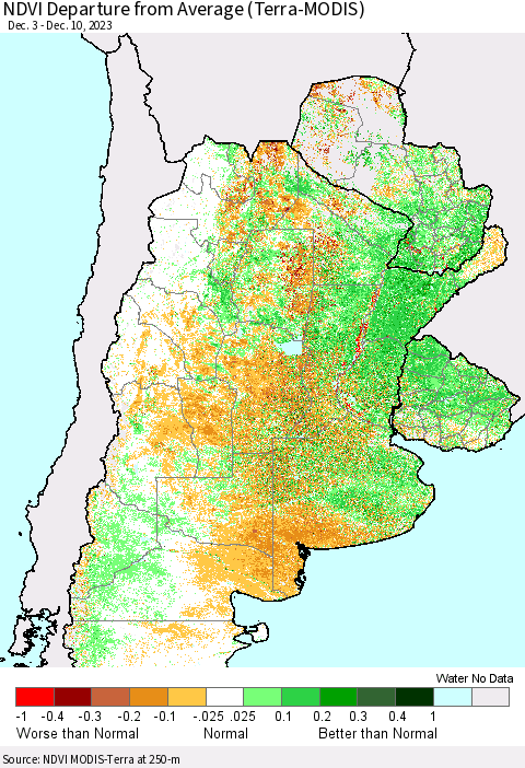 Southern South America NDVI Departure from Average (Terra-MODIS) Thematic Map For 12/3/2023 - 12/10/2023