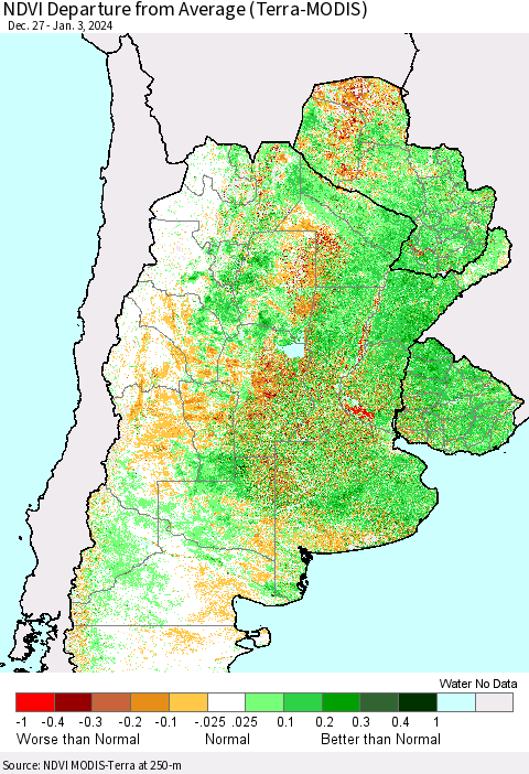 Southern South America NDVI Departure from Average (Terra-MODIS) Thematic Map For 12/27/2023 - 1/3/2024