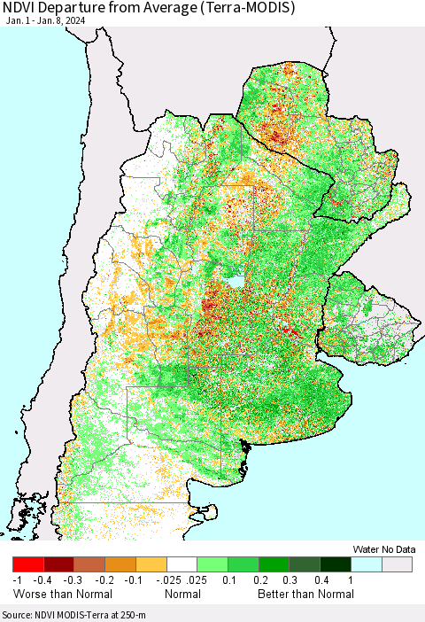 Southern South America NDVI Departure from Average (Terra-MODIS) Thematic Map For 1/1/2024 - 1/8/2024