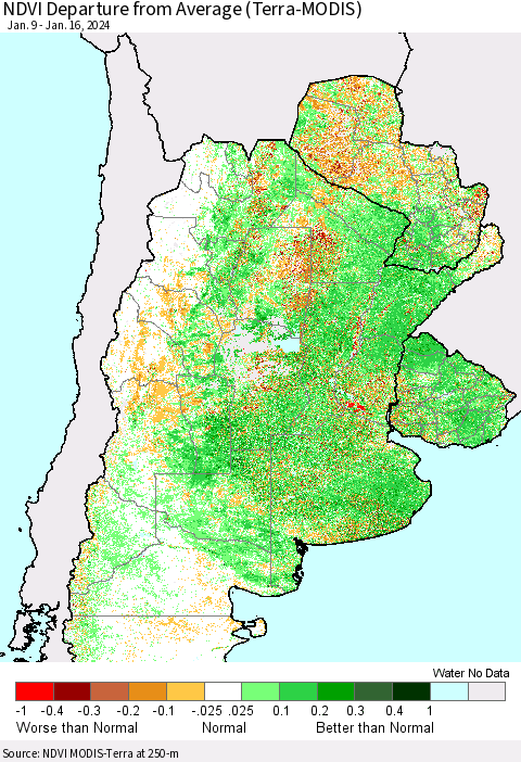 Southern South America NDVI Departure from Average (Terra-MODIS) Thematic Map For 1/9/2024 - 1/16/2024