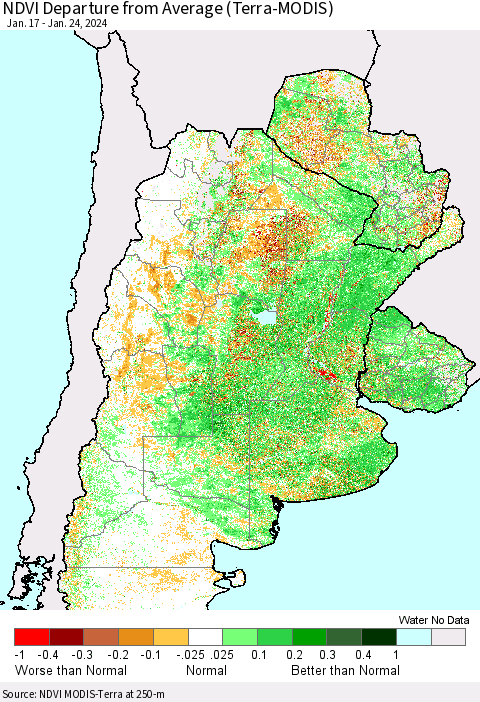 Southern South America NDVI Departure from Average (Terra-MODIS) Thematic Map For 1/17/2024 - 1/24/2024