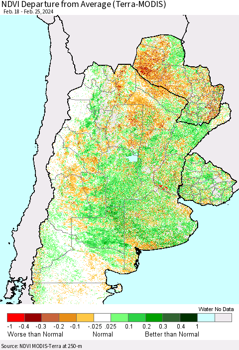 Southern South America NDVI Departure from Average (Terra-MODIS) Thematic Map For 2/18/2024 - 2/25/2024