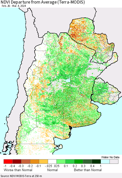 Southern South America NDVI Departure from Average (Terra-MODIS) Thematic Map For 2/26/2024 - 3/4/2024