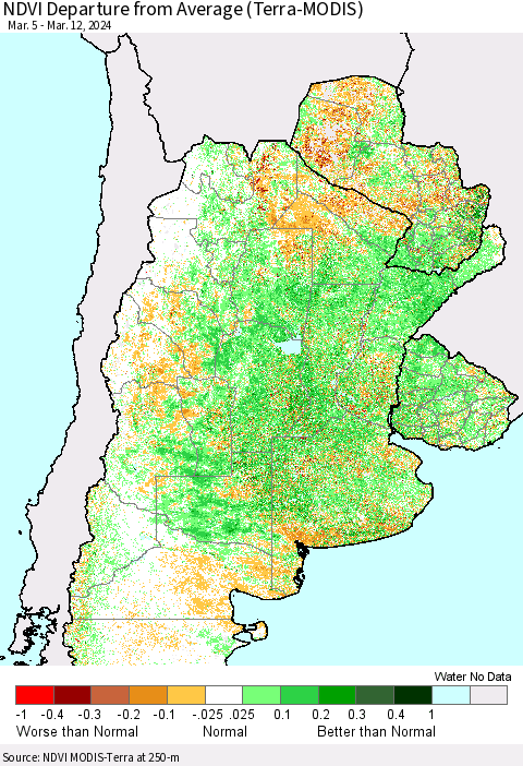 Southern South America NDVI Departure from Average (Terra-MODIS) Thematic Map For 3/5/2024 - 3/12/2024