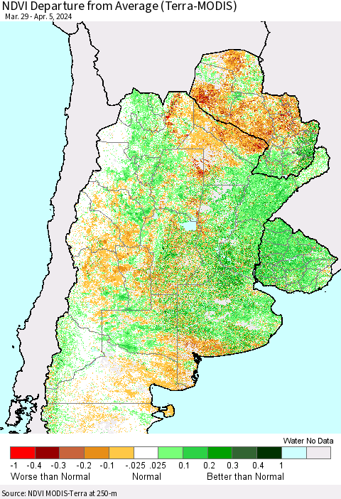 Southern South America NDVI Departure from Average (Terra-MODIS) Thematic Map For 3/29/2024 - 4/5/2024