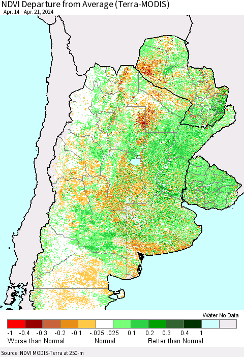 Southern South America NDVI Departure from Average (Terra-MODIS) Thematic Map For 4/14/2024 - 4/21/2024