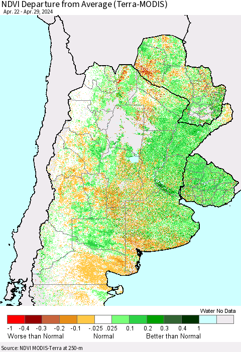 Southern South America NDVI Departure from Average (Terra-MODIS) Thematic Map For 4/22/2024 - 4/29/2024