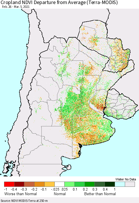 Southern South America Cropland NDVI Departure from Average (Terra-MODIS) Thematic Map For 2/26/2021 - 3/5/2021
